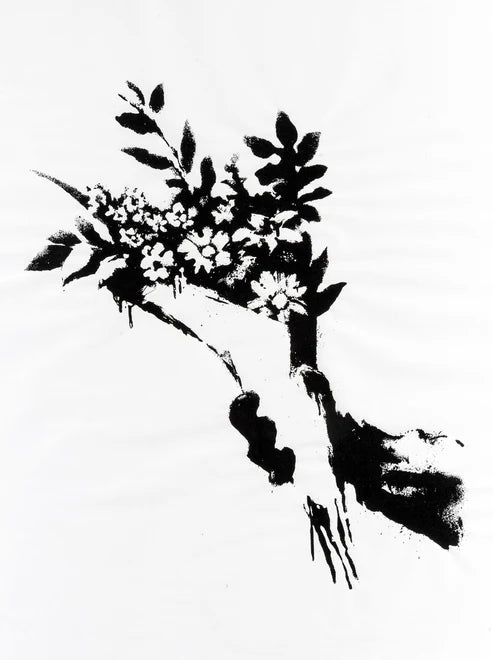 Banksy GDP Flower Thrower. buy banksy art prints. a stencilled black and white hand holding a bouquet of flowers