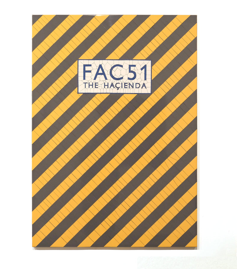 image of an artwork by rob lally titled 'hacienda membership'. this artwork is a mosaic creating the image of diagonal yellow and grey stripes, and in the centre, text stating 'FAC51 THE HACIENDA'. factory records membership, manchester art