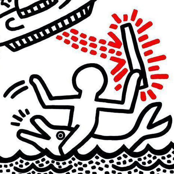 an image of an artwork by keith haring featuring an outline of a man riding a dolphin and holding a stick, being abducted by aliens