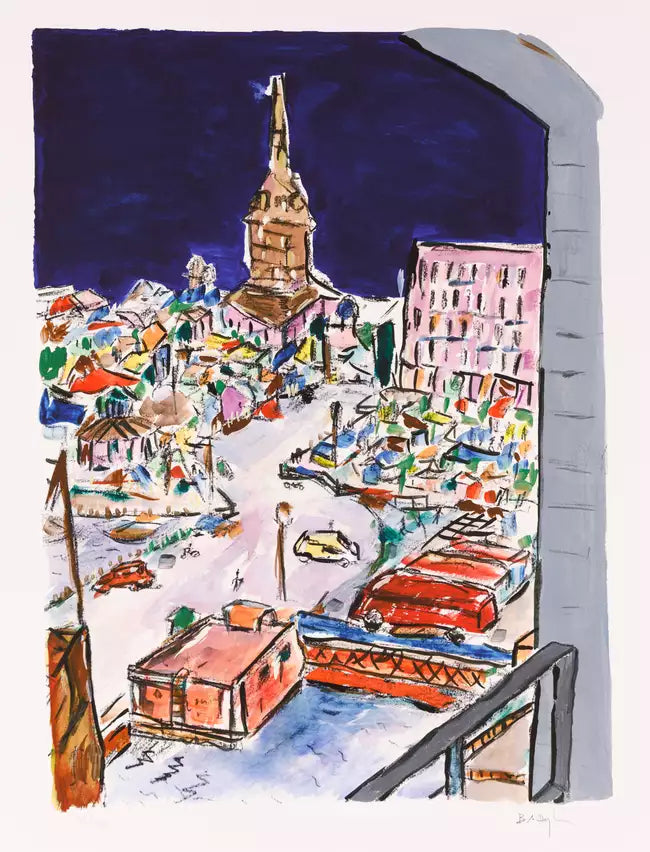 an image of an artwork by Bob Dylan titled 'Bell Tower in Stockholm'. the artwork features an impressionistic landscape of stockholm, with vivid colours and black outlines