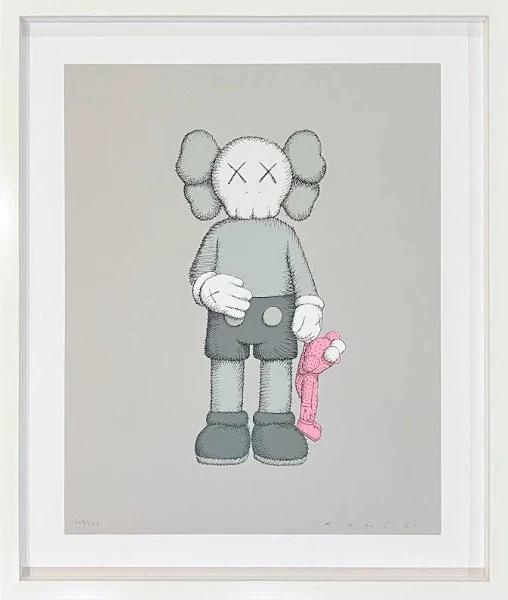 image of an framed artwork by KAWS. the artwork is in a white frame and has a grey background, with a grey figurine in the centre, holding a pink plush toy