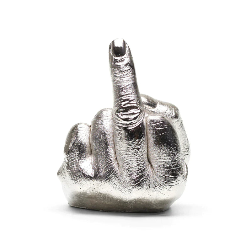 An image of an artwork by Ai Weiwei. This is a sculpture piece featuring a silver hand putting its middle finger up at the viewer.