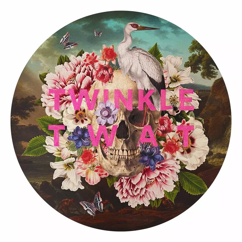 Alexandra Gallagher art circular artwork with a landscape including Flowers, a skull and a Landscape 