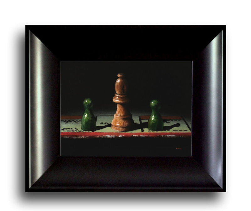 This is image of a framed artwork from the artisrt Bryan Hible depicitng three chess pieces on a monopoly board in black ornate frame