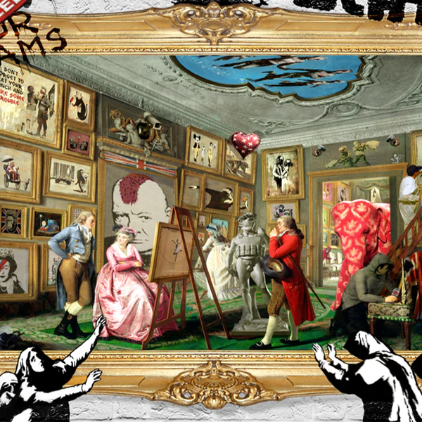 An image of an artwork by Dirty Hans featuring both renaissance and pop art styles. The artwork features a golden framed image with figures sat painting, with many framed artworks behind them on the walls, all featuring pop art and street art style images