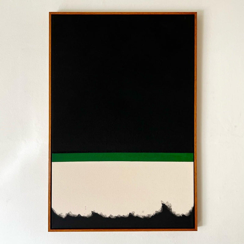 a photograph of a piece of artwork by henry woolway. the artwork features a mahogany frame around a canvas of black, green, and white.