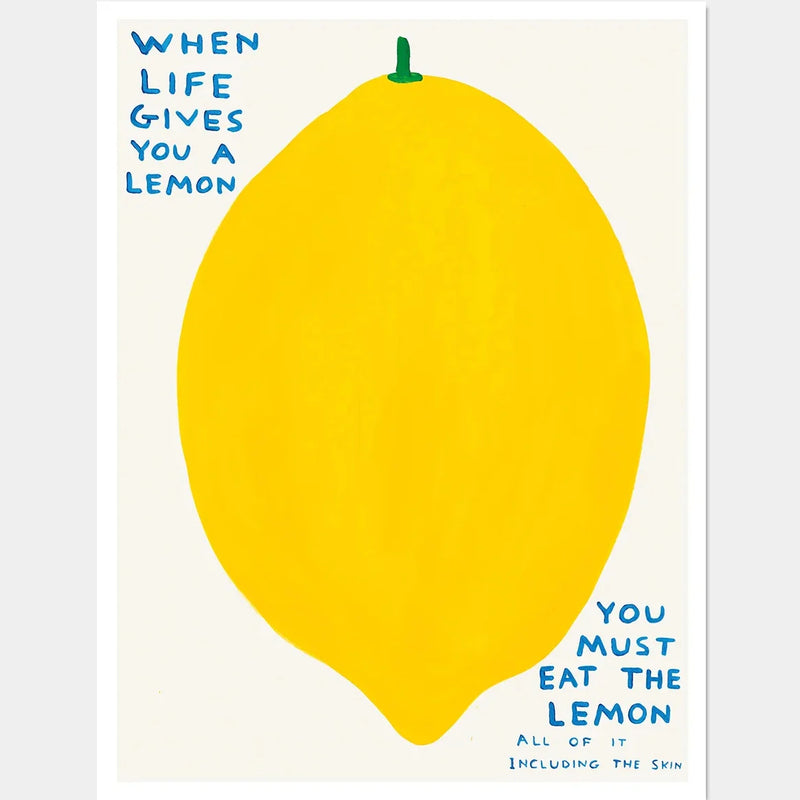 Photo of David Shrigley print, featuring a large yellow lemon, and the hand-painted text 'WHEN LIFE GIVES YOU A LEMON YOU MUST EAT THE LEMON ALL OF IT INCLUDING THE SKIN'. The text is in blue. All elements are imposed upon a beige background.