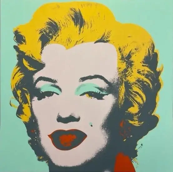 this is an image of a sunday b morning print after andy warhol titled 'marilyn 11:23'. the artwork features a screenprint of marilyn monroe's face on a teal background, with bright yellow hair, a lilac face, and red lips. this is a sunday b morning print for sale