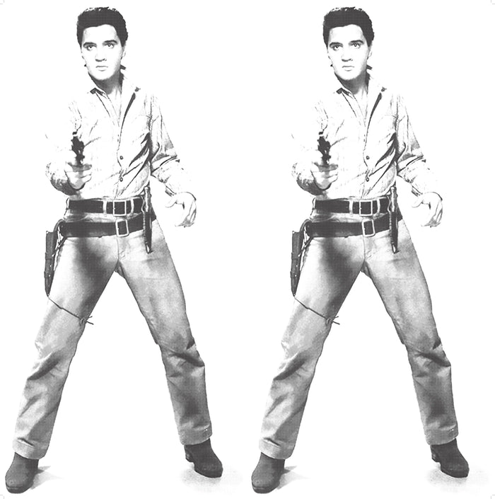 an image of an artwork by andy warhol titled 'double elvis'. the artwork features two black and white photograph prints of elvis. this is a sunday b morning print