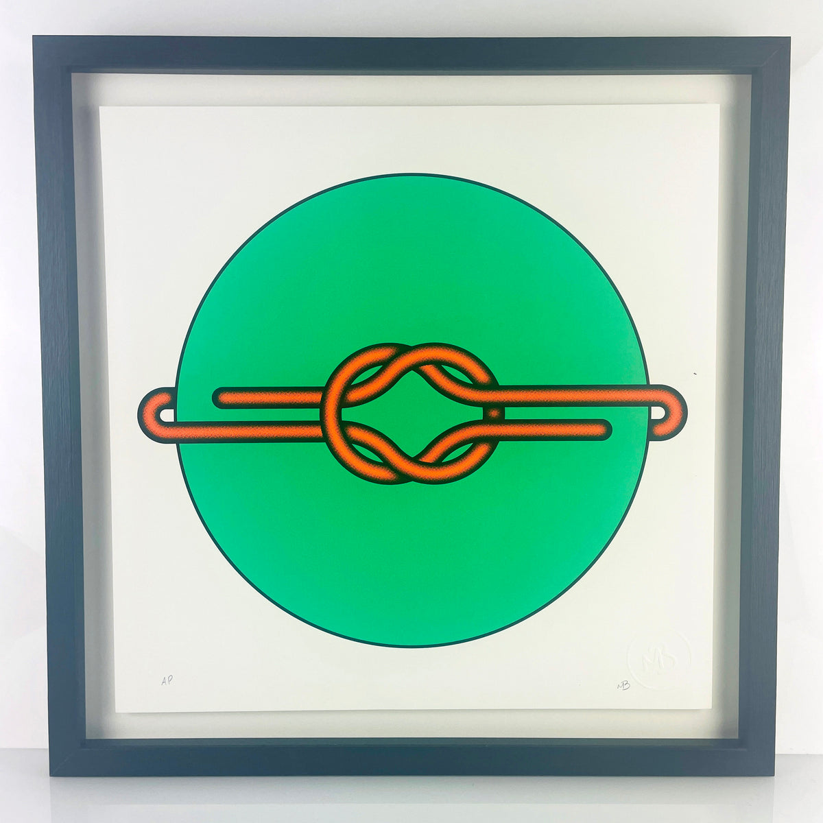 Elevate your art collection with Mark Beattie's Love Knot (Orange in Green), a limited edition 3-color screenprint on Somerset satin white 410gsm paper. With dimensions of 40 x 40cm, this exclusive artwork is part of a limited edition of 10, showcasing Beattie's mastery of color and form. Immerse your space in the enchanting allure of Love Knot, where artistic precision and limited edition exclusivity converge