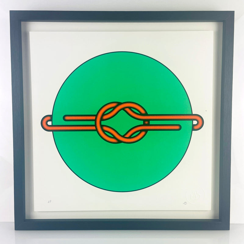 Elevate your art collection with Mark Beattie's Love Knot (Orange in Green), a limited edition 3-color screenprint on Somerset satin white 410gsm paper. With dimensions of 40 x 40cm, this exclusive artwork is part of a limited edition of 10, showcasing Beattie's mastery of color and form. Immerse your space in the enchanting allure of Love Knot, where artistic precision and limited edition exclusivity converge