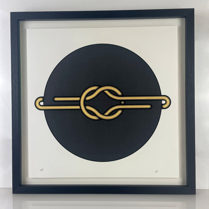 Elevate your art collection with Mark Beattie's Love Knot (Gold in Black). This limited edition 3-color screenprint on Somerset satin white 410gsm paper, measuring 40 x 40cm, is part of an exclusive edition of 10. Immerse your space in the dynamic interplay of colors and forms, where artistic precision meets limited edition exclusivity.