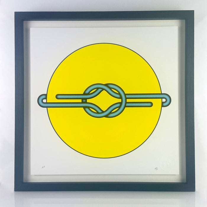 Immerse your space in the vibrant charm of Mark Beattie's Love Knot (Blue in Yellow). This limited edition 3-color screenprint on Somerset satin white 410gsm paper, measuring 40 x 40cm, is part of an exclusive edition of 10. Explore the dynamic interplay of colors and forms, where artistic precision meets limited edition exclusivity