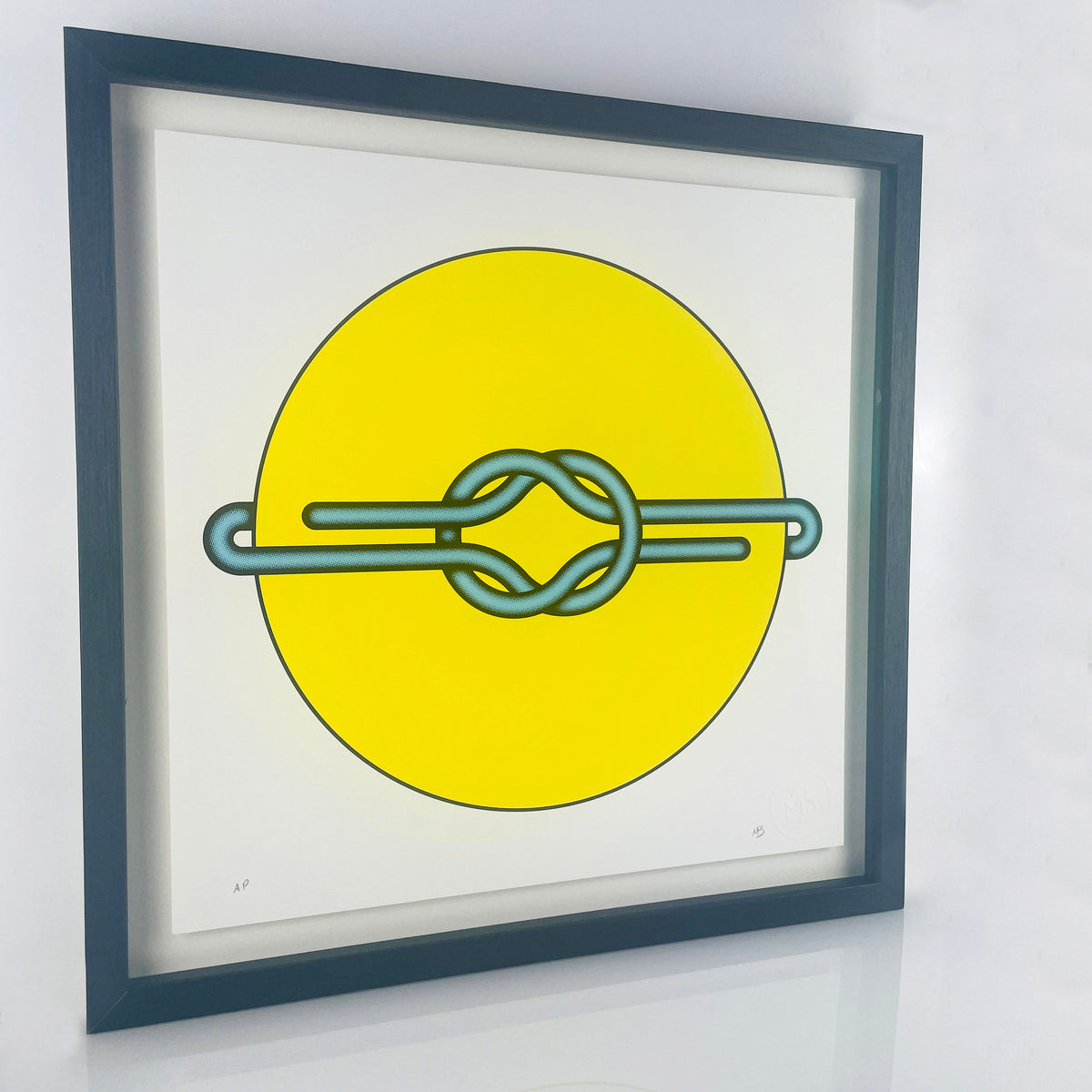 Immerse your space in the vibrant charm of Mark Beattie's Love Knot (Blue in Yellow). This limited edition 3-color screenprint on Somerset satin white 410gsm paper, measuring 40 x 40cm, is part of an exclusive edition of 10. Explore the dynamic interplay of colors and forms, where artistic precision meets limited edition exclusivity