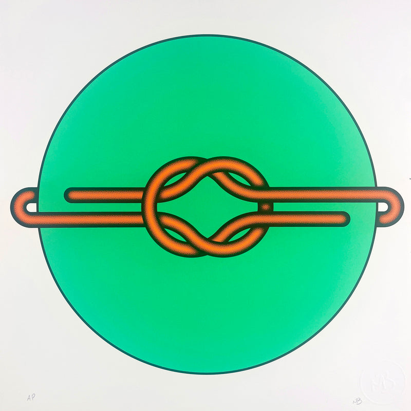 Elevate your art collection with Mark Beattie's Love Knot (Orange in Green), a limited edition 3-color screenprint on Somerset satin white 410gsm paper. With dimensions of 40 x 40cm, this exclusive artwork is part of a limited edition of 10, showcasing Beattie's mastery of color and form. Immerse your space in the enchanting allure of Love Knot, where artistic precision and limited edition exclusivity converge