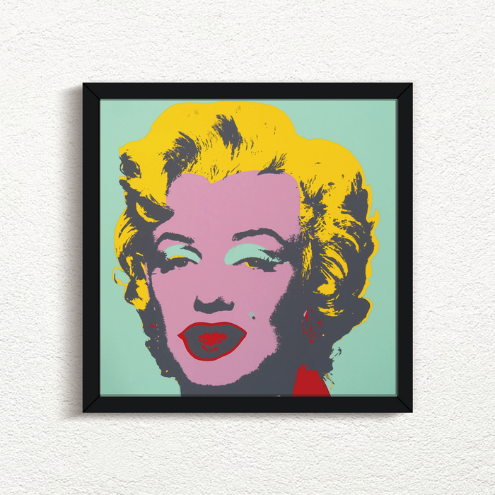 this is an image of a sunday b morning print after andy warhol titled 'marilyn 11:23' in a black frame. the artwork features a screenprint of marilyn monroe's face on a teal background, with bright yellow hair, a lilac face, and red lips. this is a sunday b morning print for sale