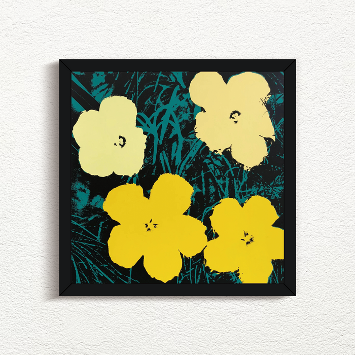 this is an image of an andy warhol artwork issued by sunday b morning titled 'flowers 11:72' in a black frame. the artwork features four yellow flowers screenprinted on a background of black and green grass. this is a sunday b morning print for sale