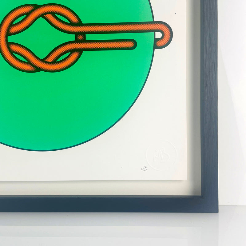 Elevate your art collection with Mark Beattie's Love Knot (Orange in Green), a limited edition 3-color screenprint on Somerset satin white 410gsm paper. With dimensions of 40 x 40cm, this exclusive artwork is part of a limited edition of 10, showcasing Beattie's mastery of color and form. Immerse your space in the enchanting allure of Love Knot, where artistic precision and limited edition exclusivity converge