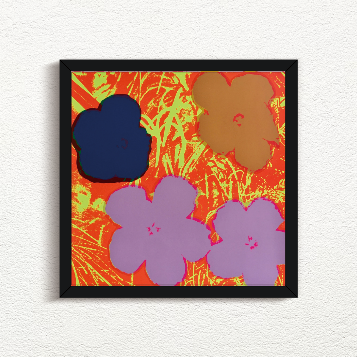 this is an image of a sunday b morning print after andy warhol, titled 'flowers 11:69' in a black frame. the artwork features an orange and yellow background with four flowers superimposed in blue, brown, and purple. this is a sunday b morning print