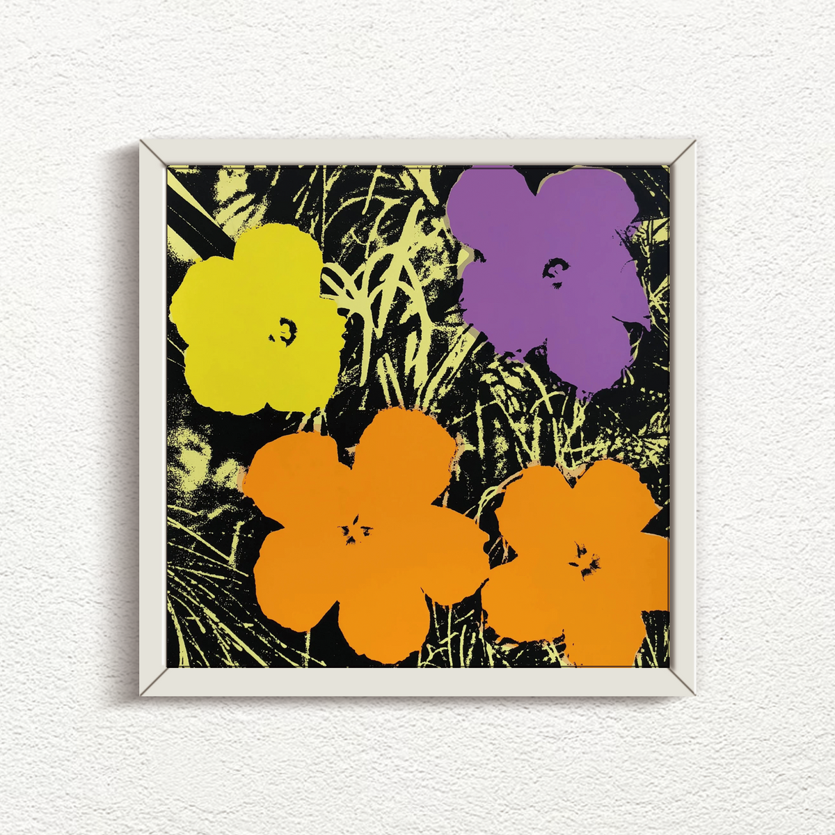 this is an image of a sunday b morning print after andy warhol, titled 'flowers 11:67' in a white frame. this artwork features a black and yellow grassy background, with four flowers superimposed in yellow, purple, and orange. this is a sunday b morning print for sale