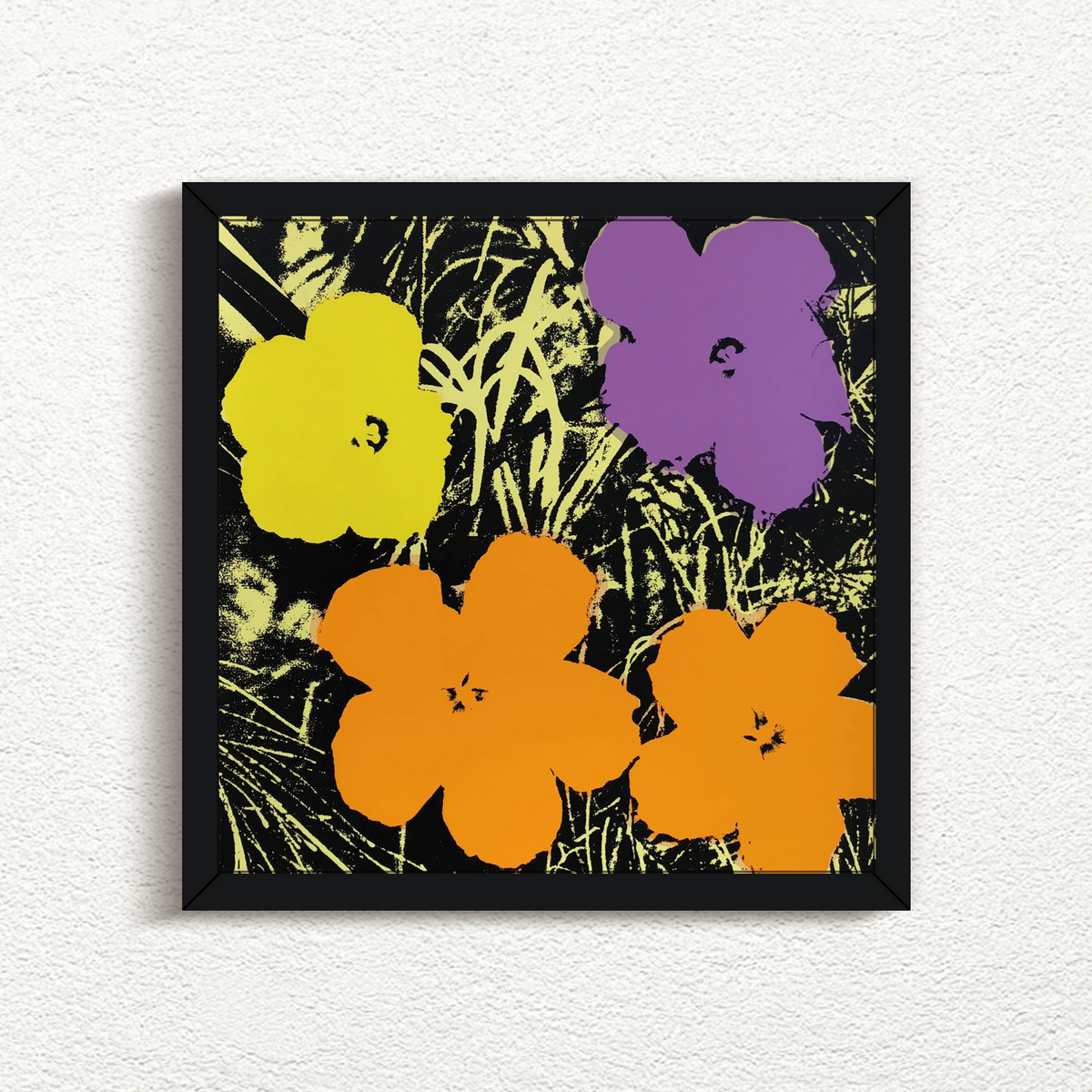 this is an image of a sunday b morning print after andy warhol, titled 'flowers 11:67' in a black frame. this artwork features a black and yellow grassy background, with four flowers superimposed in yellow, purple, and orange. this is a sunday b morning print for sale