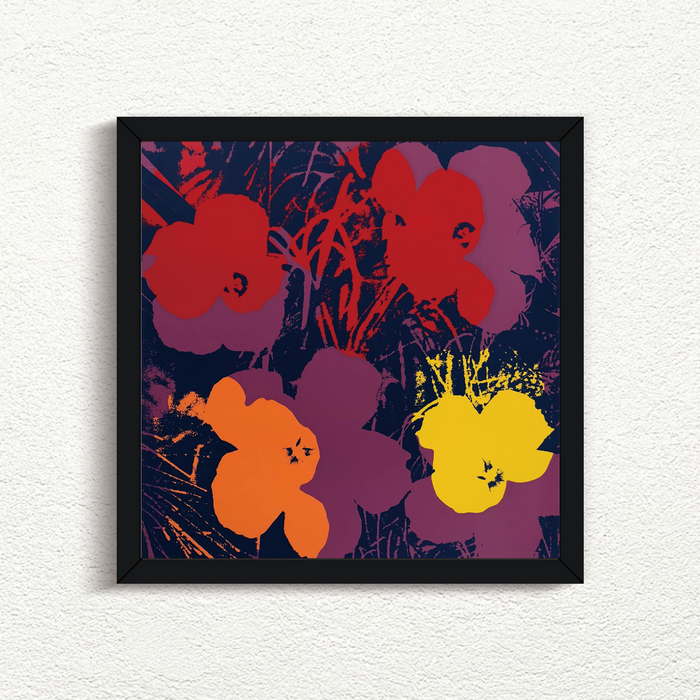 An image of an artwork by Andy Warhol titled 'Flowers 11:66' in a black frame, featuring Andy Warhol's iconic flowers screenprint in navy, purple, red, orange, and yellow. this is a sunday b morning print for sale.