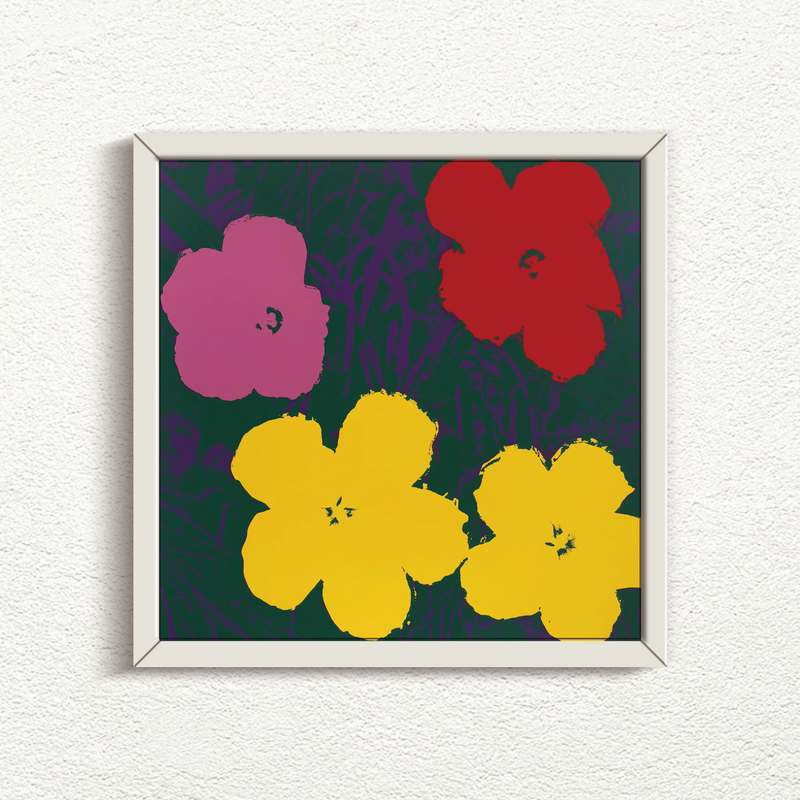 an image of an andy warhol artwork titled 'flowers 11:65' in a white frame, issued by sunday b morning. the artwork features four flowers on a dark green and purple background. the flowers are pink, red, and yellow. this is a sunday b morning print