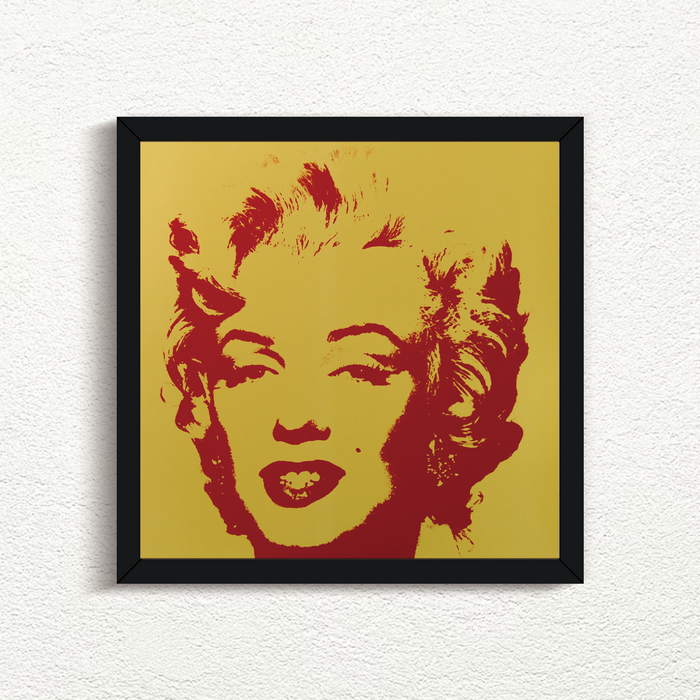 this is a sunday b morning print after andy warhol titled 'golden marilyn 40' in a black frame. the artwork features a red screenprint of marilyn monroe's face on a golden background. this is a sunday b morning print for sale