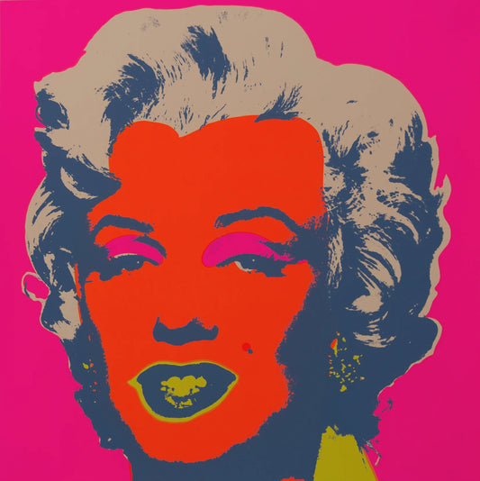 this is an image of a sunday b morning print after andy warhol, titled 'marilyn 11:22'. the artwork features a screenprint of marilyn monroe's face in red, navy blue, yellow and beige on a hot pink background. this is a sunday b morning marilyn monroe print for sale