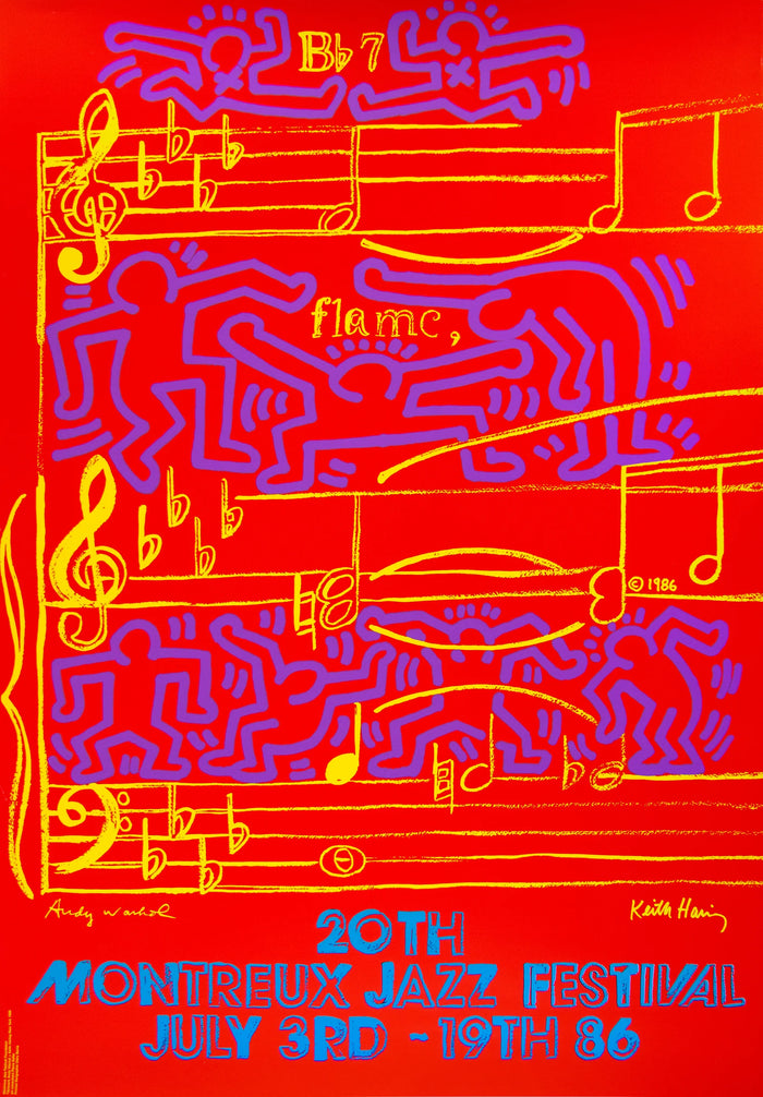 Andy Warhol Keith Haring, Set of Montreux Jazz Festival Prints | Keith Haring Prints For Sale, Andy Warhol Prints for Sale, Buy Keith Haring art prints, Keith Haring artwork. Montreux Jazz Festival Poster. Red poster featuring yellow musical notation and purple pop art style doodles