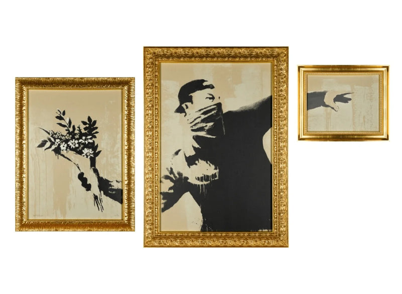 VIP Triptych Banksy in three ornate gold frames depicting a man throwing a bunch of flowers