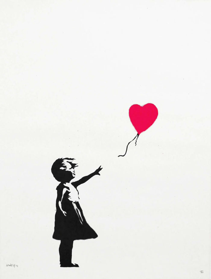 The most iconic artwork by Banksy titled Girl With Balloon depicting a girl with a red heart shaped balloon flying off in the wind