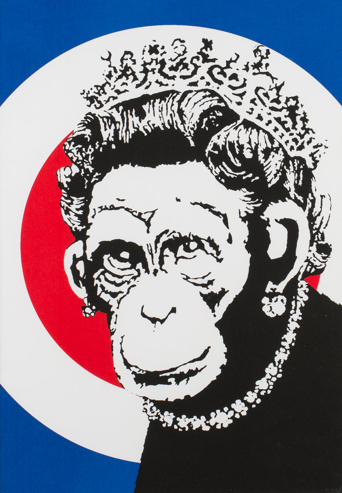 Banksy Monkey Queen For Sale at Smolenksy Gallery - Blue background with white and red circles with a monkey in the middle wearing a crown dipicting the queen 