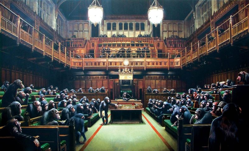 Banksy Monkey Parliament print depicting the house of commons as a bunch of monkeys 