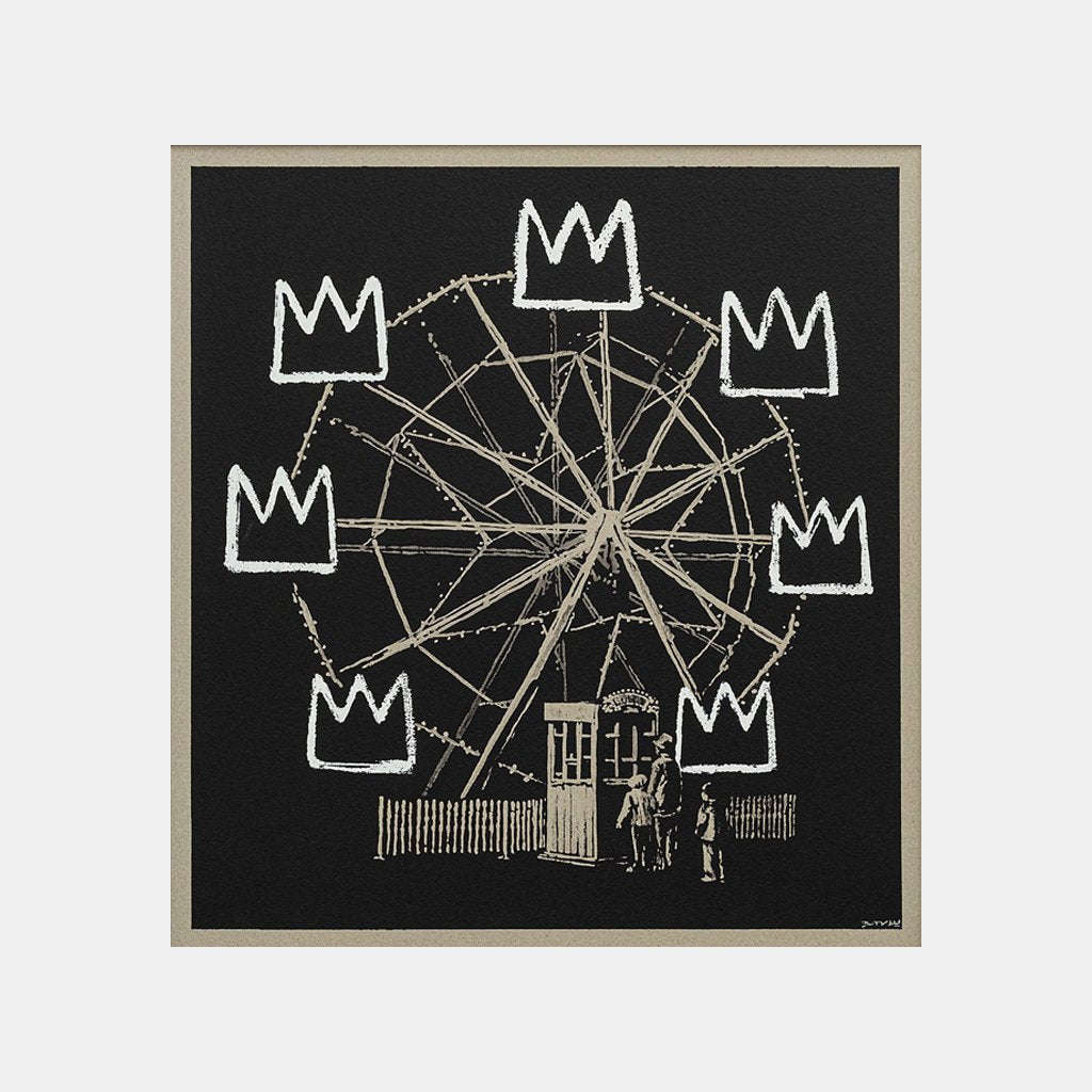 This signed print  by Banksy titled Banksquiat depicts a big wheel rollercoaster ride where the cabins where people would usually sit have been replaced with a Jean-Michel Basquiat crown 
