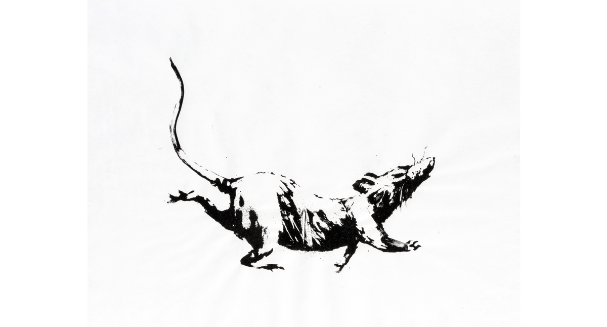 An image of an artwork by Banksy titled GDP Rat which depicts a black stencil of a rat on white paper