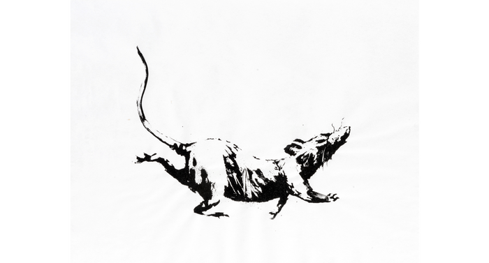 An image of an artwork by Banksy titled GDP Rat which depicts a black stencil of a rat on white paper