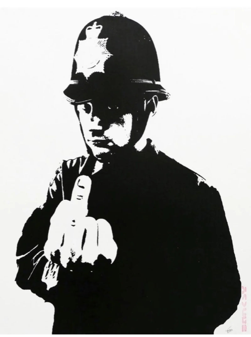 Buy Banksy online, banksy prints for sale, banksy print for sale, buy banksy print.Rude Copper features a British police officer, easily identifiable with his traditional custodian helmet, showing his middle finger to the viewer. Executed entirely in black and white, this print illustrates Banksy’s nuanced relationship with law enforcement. Indeed, the artist’s mural work continues to be illegal, and is still conducted under the veil of secrecy