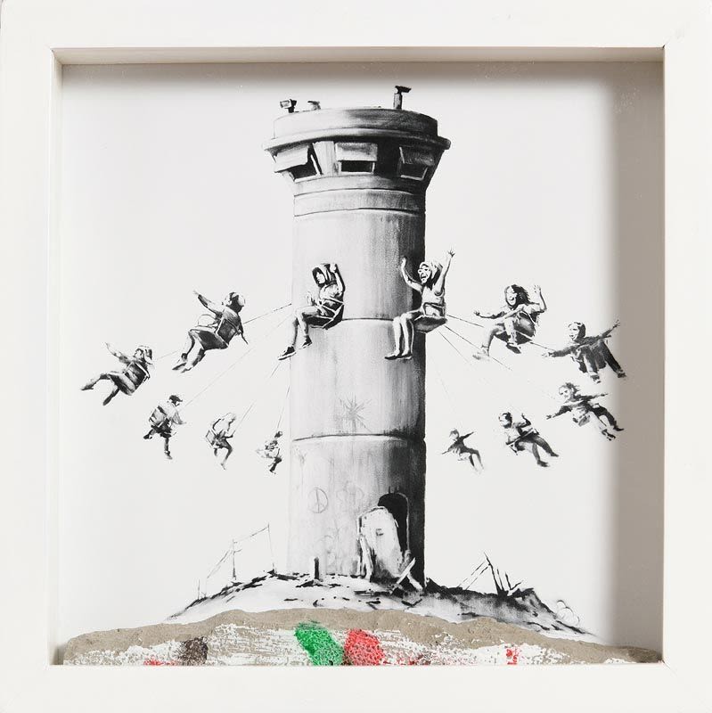 This artwork by Banksy titled Walled Off Hotel Box Set depicts palestinain children treating an Israeli watch tower like rollercoaster ride 