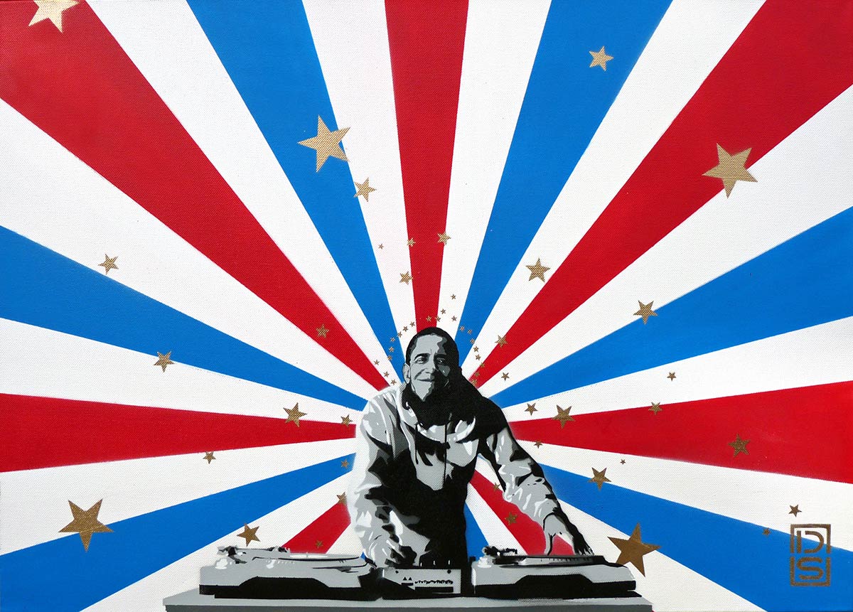 A captivating and thought-provoking Giclée print by DS, "El Presidente" seamlessly blends Giclée printing and spray paint to create a visually arresting piece. This unique artwork features former US President Barack Obama as a DJ, evoking his legacy of hope, change, and inclusivity. This exclusive print, hand-signed and numbered in an edition of 25, is a must-have for art collectors and political enthusiasts seeking to elevate their space with historical significance and artistic innovation.