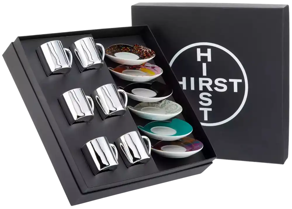 Damien Hirst, Mixed Set of 6 Anamorphic Expresso Cups in hte original black presentation box