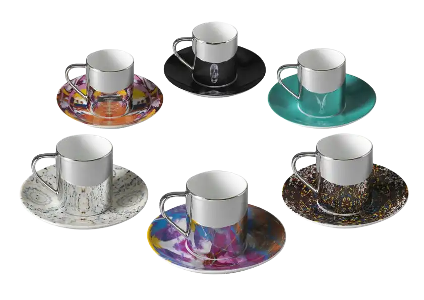 Damien Hirst, Mixed Set of 6 Anamorphic Expresso Cups presented on white background