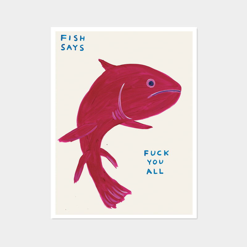 photo of david shrigley art print featuring a large red fish in a cartoonish style, and the text 'fish says fuck you all'. Buy David Shrigley, David Shrigley Prints, David Shrigley art, David Shrigley poster, david shrigley art prints