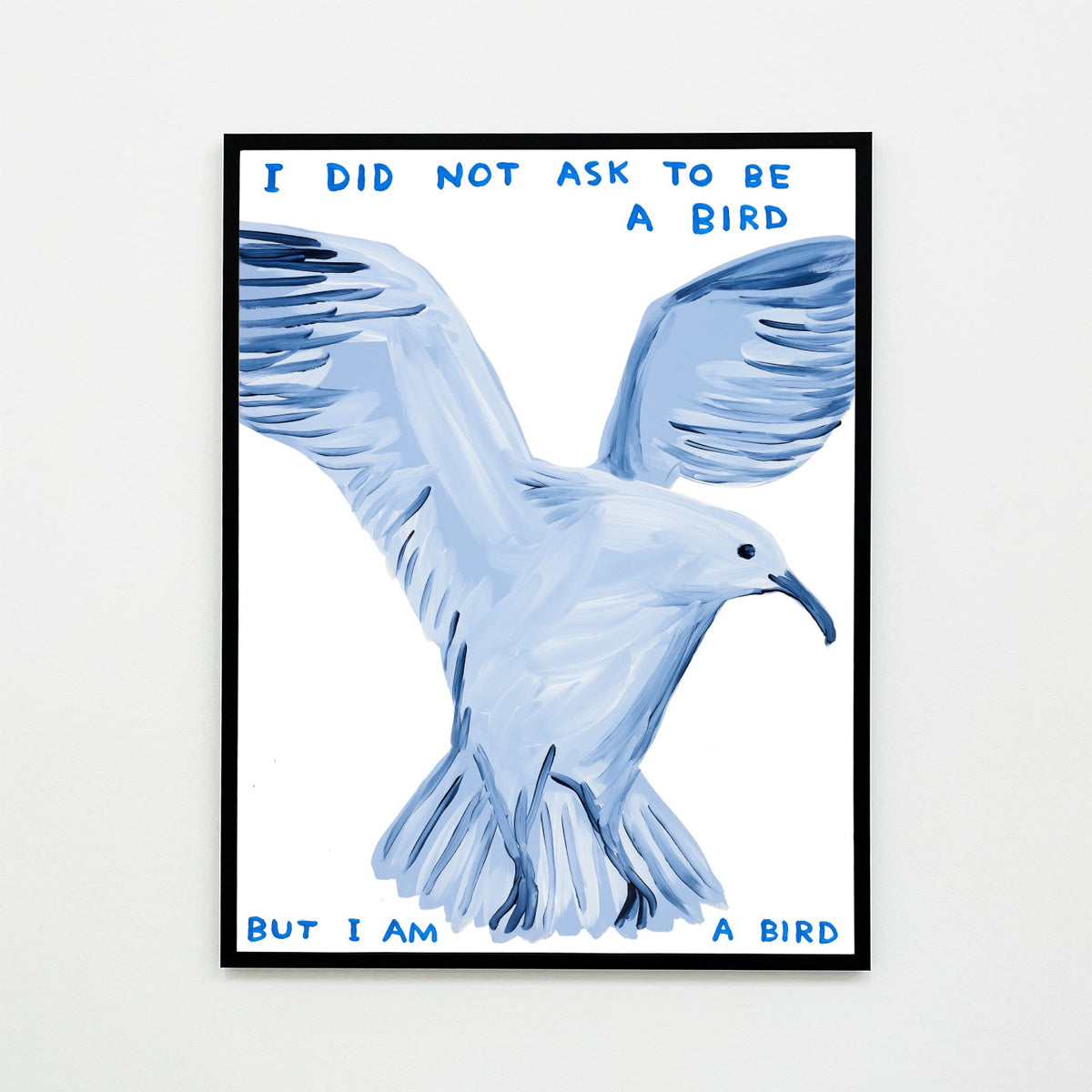 Photo of a framed david shrigley print featuring a large blue toned bird in david shrigley's signature cartoonish style, and the text 'I DID NOT ASK TO BE A BIRD BUT I AM A BIRD'. Buy David Shrigley, David Shrigley Prints, David Shrigley art, David Shrigley poster, david shrigley art prints