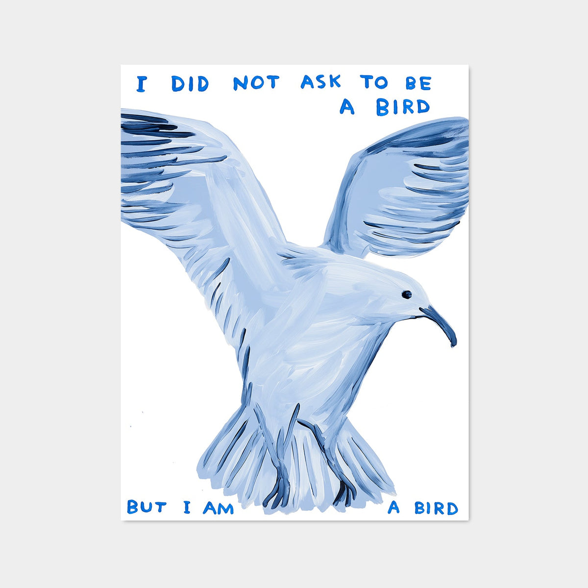 Photo of a david shrigley print featuring a large blue toned bird in david shrigley's signature cartoonish style, and the text 'I DID NOT ASK TO BE A BIRD BUT I AM A BIRD'. Buy David Shrigley, David Shrigley Prints, David Shrigley art, David Shrigley poster, david shrigley art prints