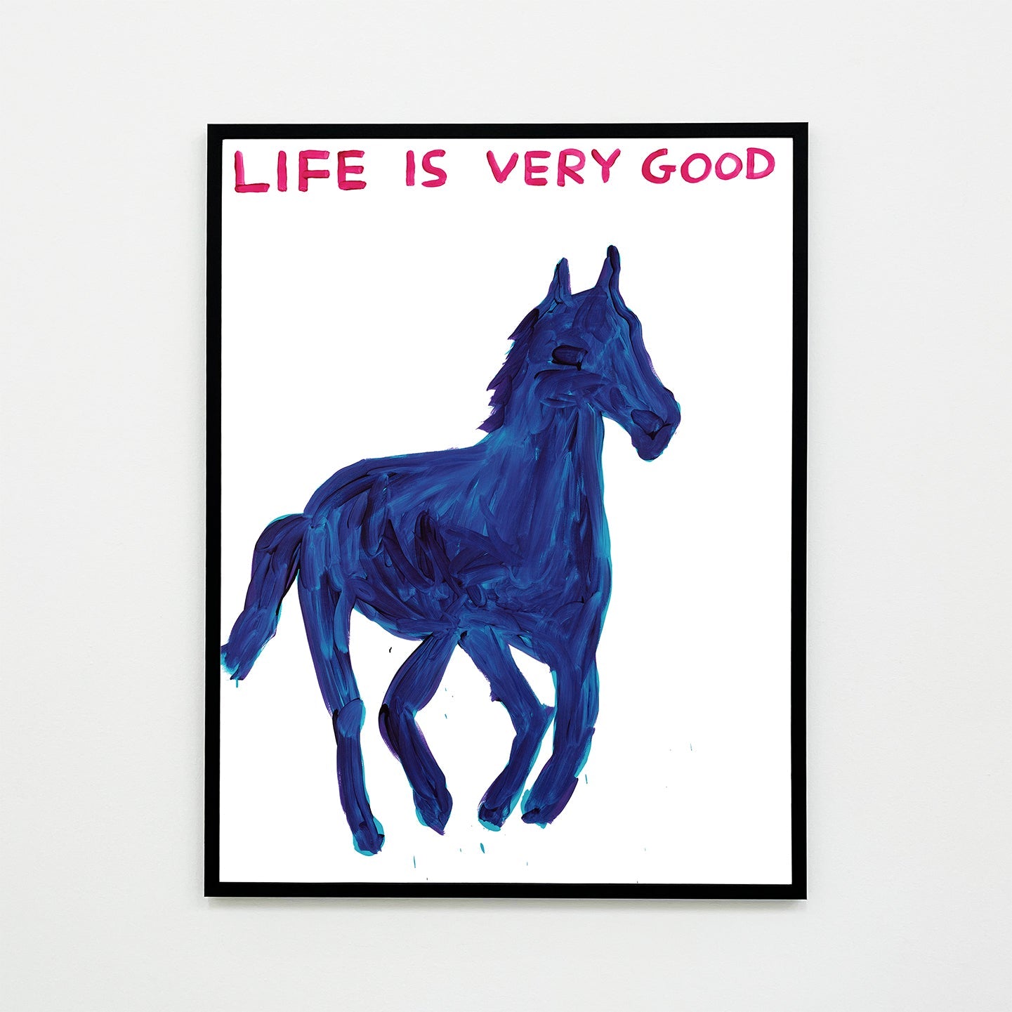 photo of a david shrigley art print in a black frame. the print features a large, galloping dark blue horse painted in david shrigley's signature childlike style. david shrigley prints david shrigley art david shrigley posters