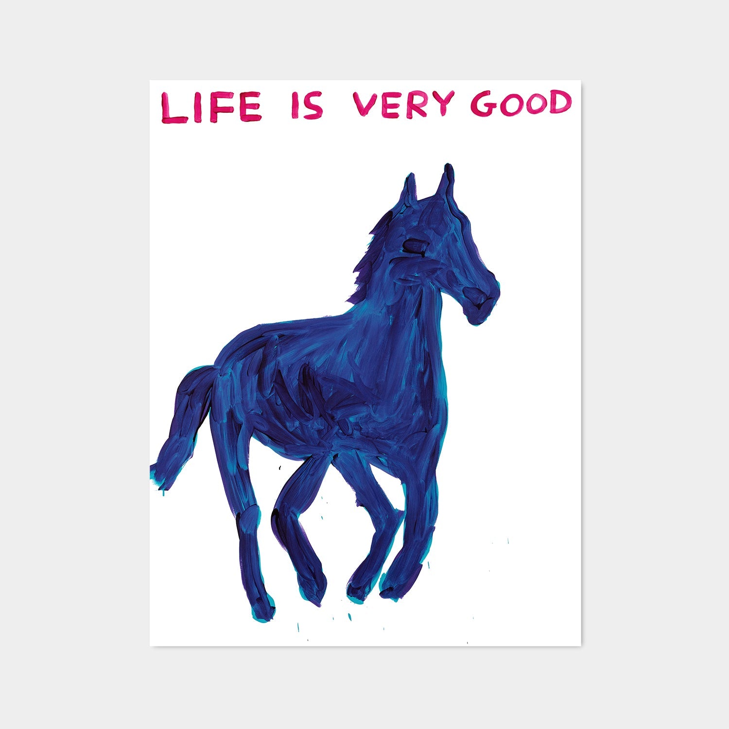 photo of a david shrigley art print. the print features a large, galloping dark blue horse painted in david shrigley's signature childlike style. david shrigley prints david shrigley art david shrigley posters