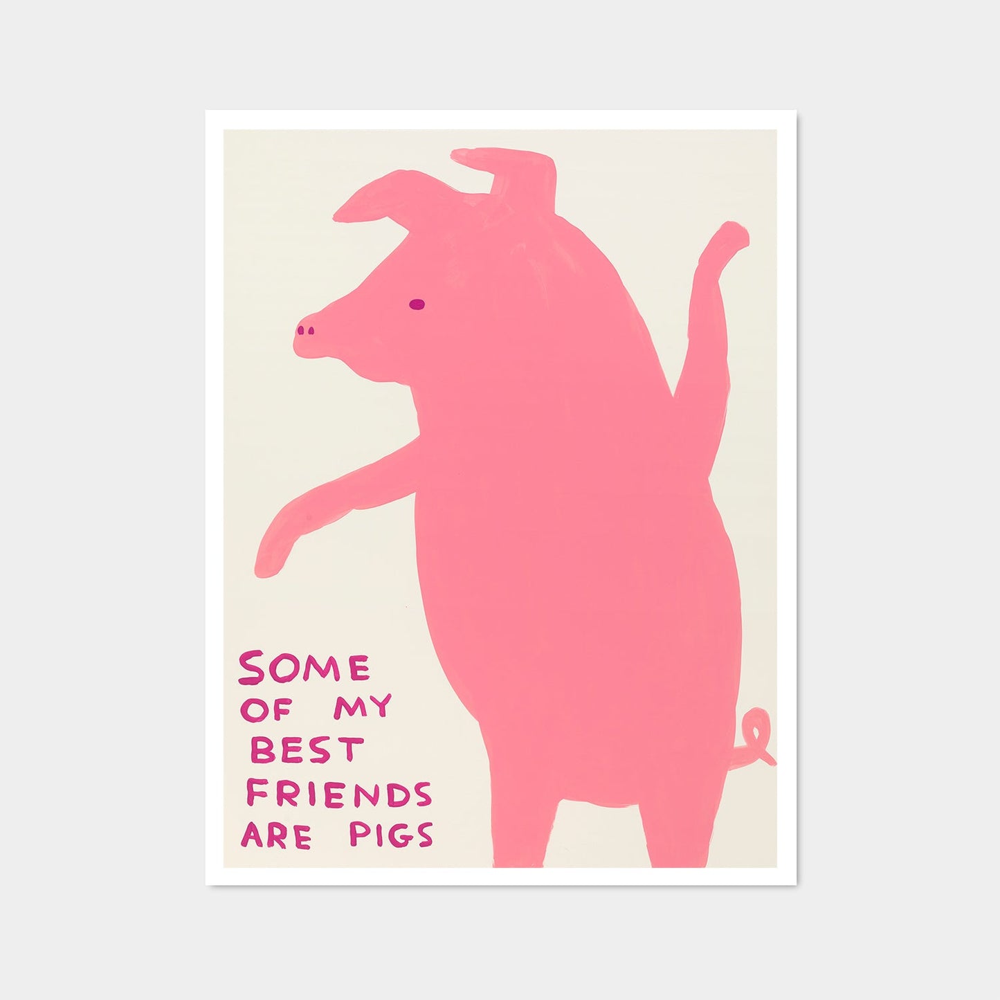 David Shrigley print featuring a pig standing up over handwritten text stating 'some of my best friends are pigs'.