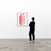 this is an image of a david shrigley artwork titled 'truth' in a black frame on a white wall with a single spectator to its right. this artwork features a pink carton with the label 'TRUTH' on its front, and an ingredients list on the bottom of the left side stating 'TRUTH WATER SUGAR'. this is a david shrigley posters for sale