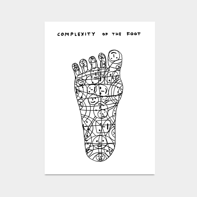 a photo of an art print by david shrigley, depicting a foot made out of doodled smiley faces and swirls, and text at the top of the page stating 'COMPLEXITY OF THE FOOT'.  buy david shrigley prints, david shrigley art, david shrigley prints, david shrigley art prints, david shrigley for sale uk, david shrigley posters, shrigley posters, shrigley prints